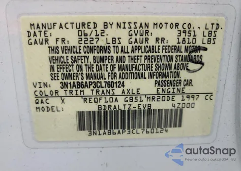 2012 Nissan Sentra 2.0 z USA, uszkodzony, nr VIN 3N1AB6AP3CL760124